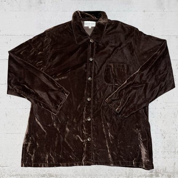 VTG David Dart Crushed Velvet Chocolate Brown Long Sleeve Button Down XL - Picture 1 of 8